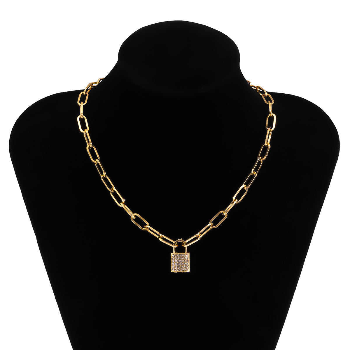Collana pendente con lucchetto geometrico minimalista da donna con strass micro-incastonati su catena a croce in lega con finitura galvanica