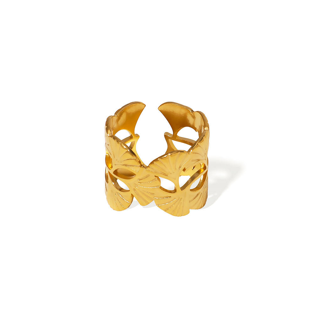 Minimalist Ginkgo Leaf Ring in Stainless Steel with 18K Gold Plating, Hollow-Out Geometric Design for Unisex Everyday Wear