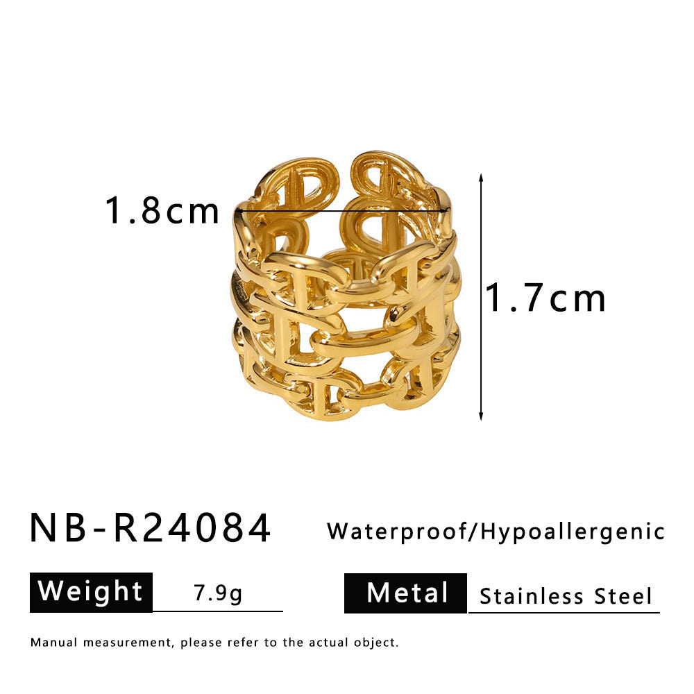 Geometric Wave Leaf Shaped Stainless Steel Plated Gold Ring with Textured Ruffled Asymmetrical Design for Women and Men