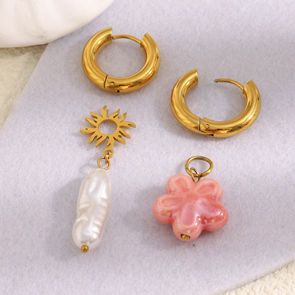 Light Luxury Geometric Flower Stainless Steel Earrings with 18K Gold Plating, Glass and Imitation Pearl