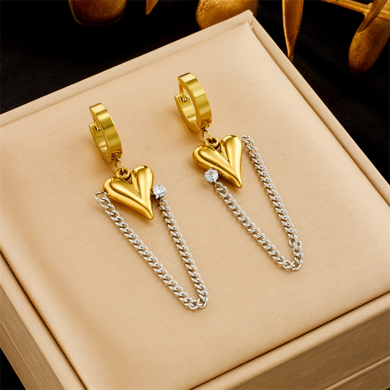 Fashionable Minimalist Heart-Shaped Rhinestone-Embellished Gold-Plated Titanium Steel Long Chain Earrings for Women