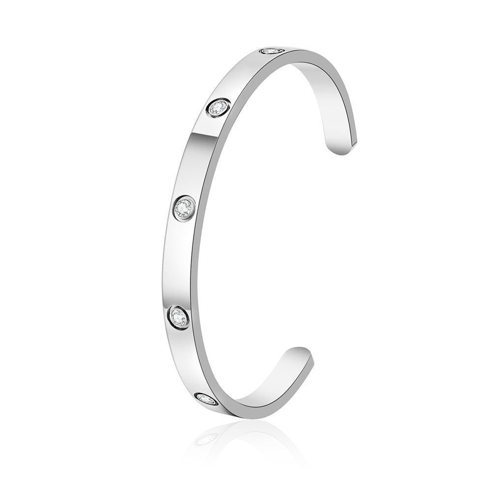 Minimalist Elegant Geometric Titanium Steel C-Shape Bracelet with Rhinestone Inlay for Unisex