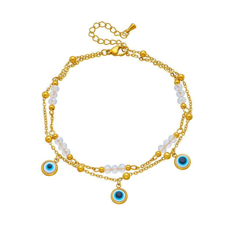 Cavigliera da donna Minimalista con ciondolo a occhio turco blu e perline in acciaio al titanio con design geometrico
