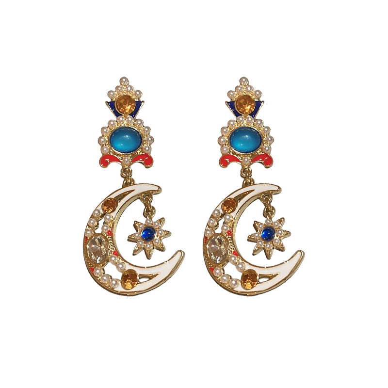 Vintage Floral Star Moon Pearl Stud Earrings with Rhinestone Inlay and Stainless Steel Posts for Women