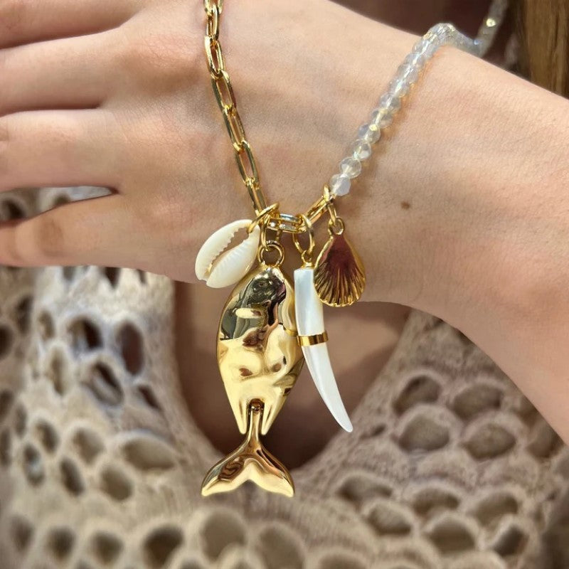 Sweet Geometric Star Heart Shell Pendant 18K Gold Plated Stainless Steel Necklace for Women