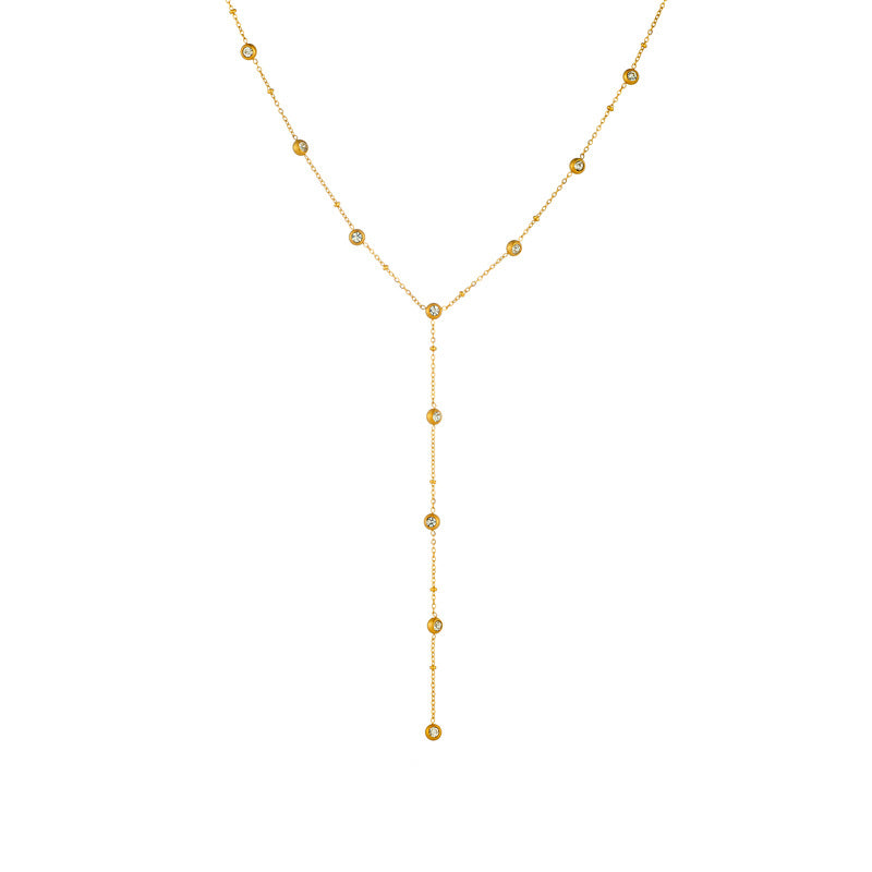 Minimalist Round Rhinestone Inlay Stainless Steel Y-Shape Tassel Necklace for Women