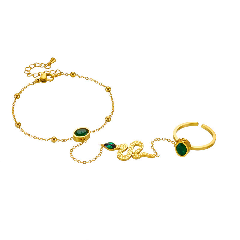 Set Anello Aperto e Bracciale in Acciaio Inossidabile Placcato Oro Stile OL alla Moda con Dettagli a Catena Snake