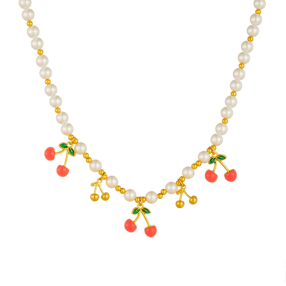 Cherry-Shaped Enamel Pendant Necklace for Women with Stainless Steel Chain Fresh Sweet Everyday Choker