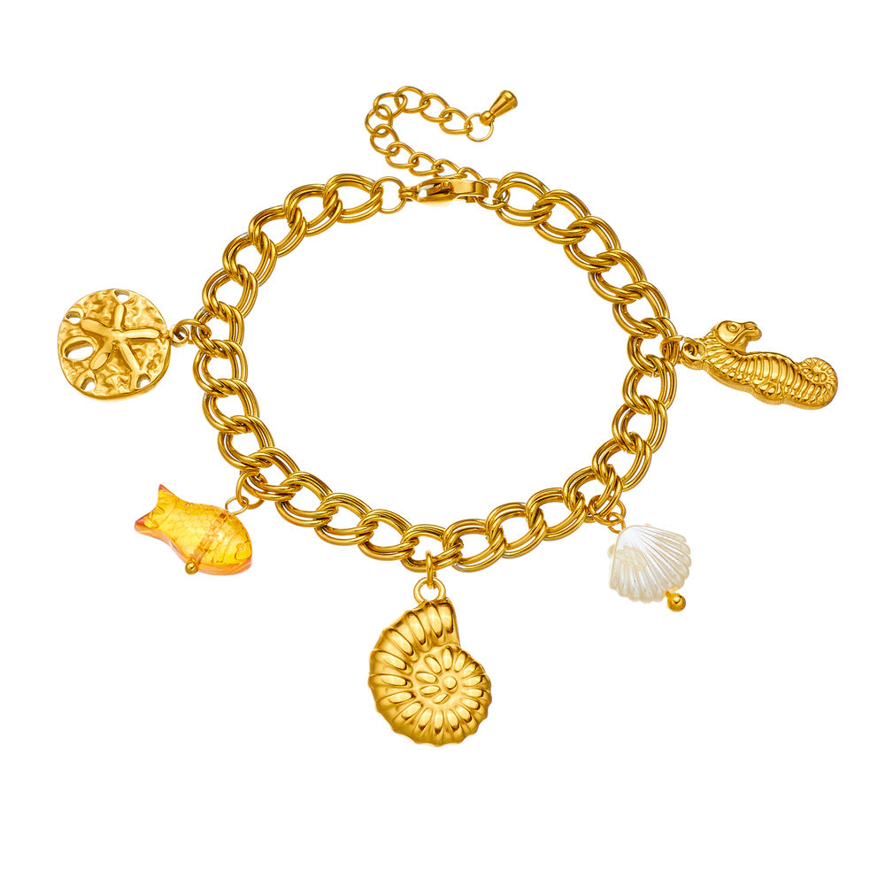 Fashion Ocean Animal Pendant Bracelet with Stainless Steel Chain Starfish Conch Seahorse Goldfish Design for Women
