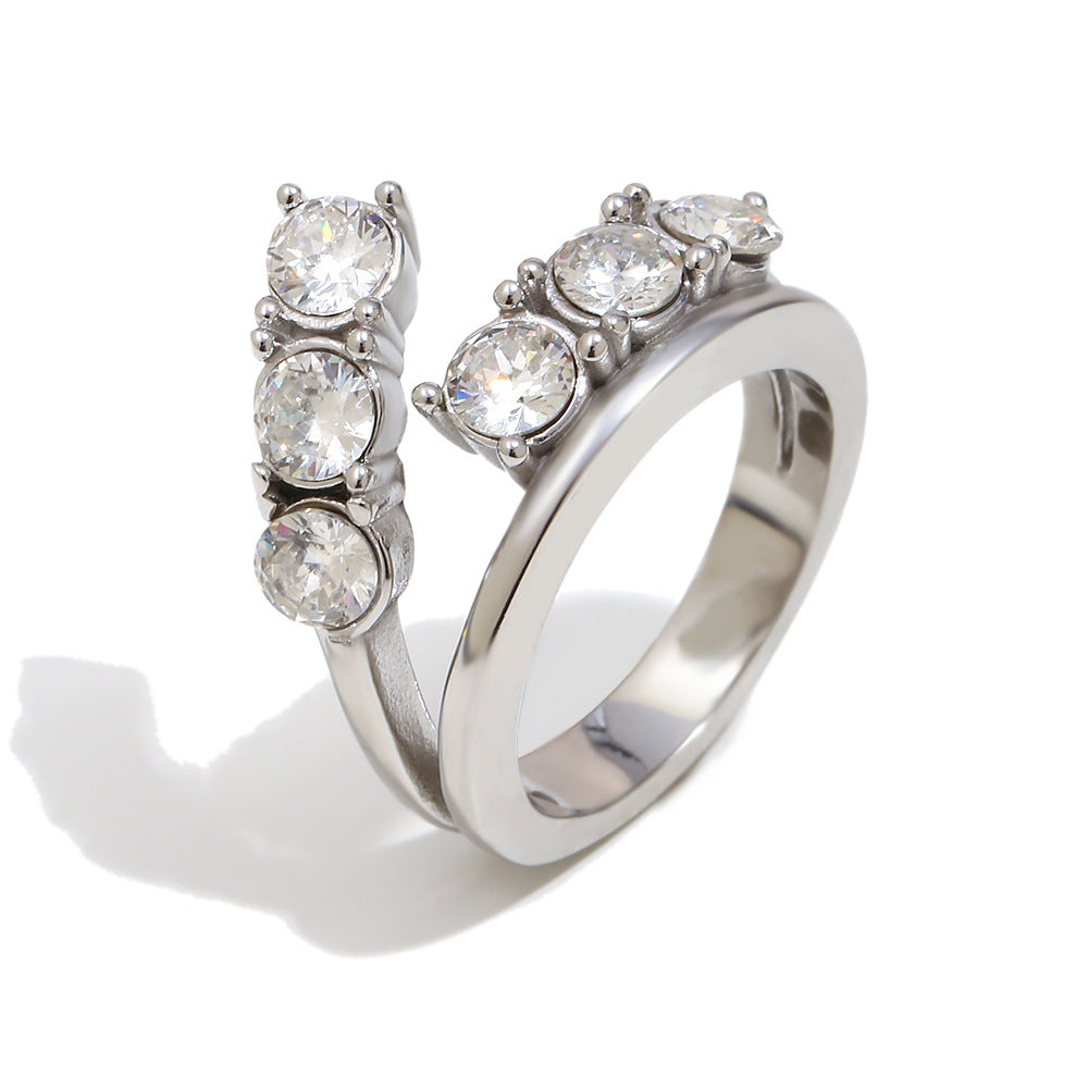 Minimalist Luxe Geometric Stainless Steel Ring with 18K Gold Vacuum Plating and Double-Layer Zirconia Accents