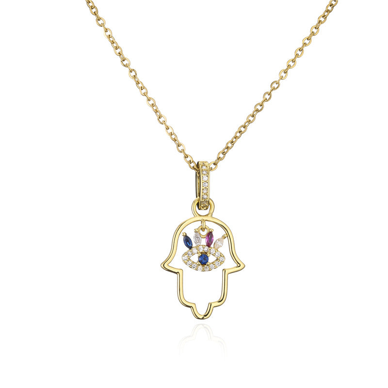 Fashion Hand Evil Eye Geometric Drip Oil Gold Plated Brass Micro-inlay Cubic Zirconia Necklace for Women with Cable Chain
