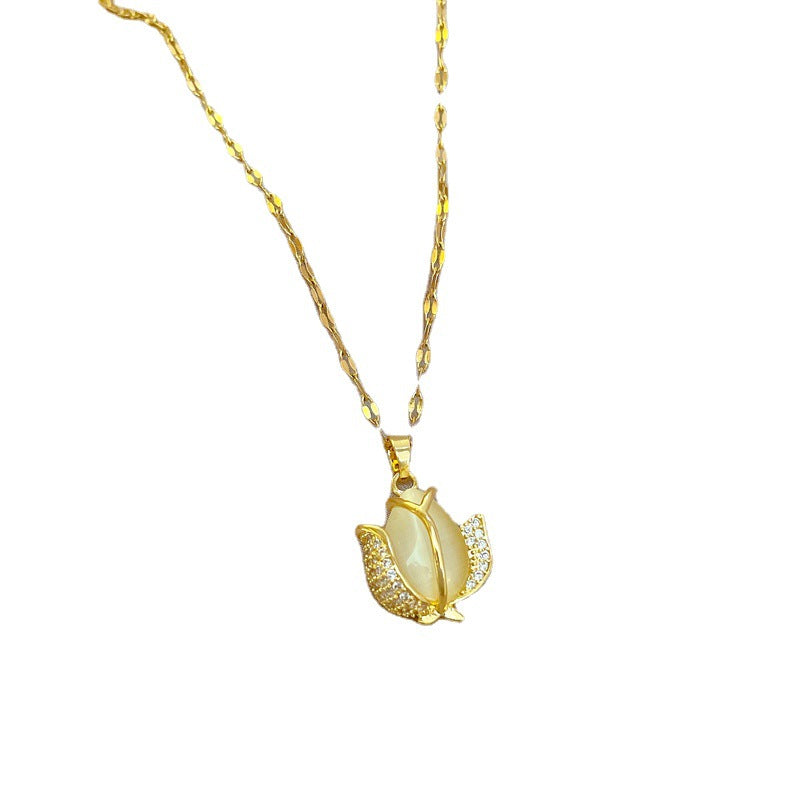 Cartoon Style Tulip-Shaped Titanium Steel Necklace with Genuine Gold Inlay for Women
