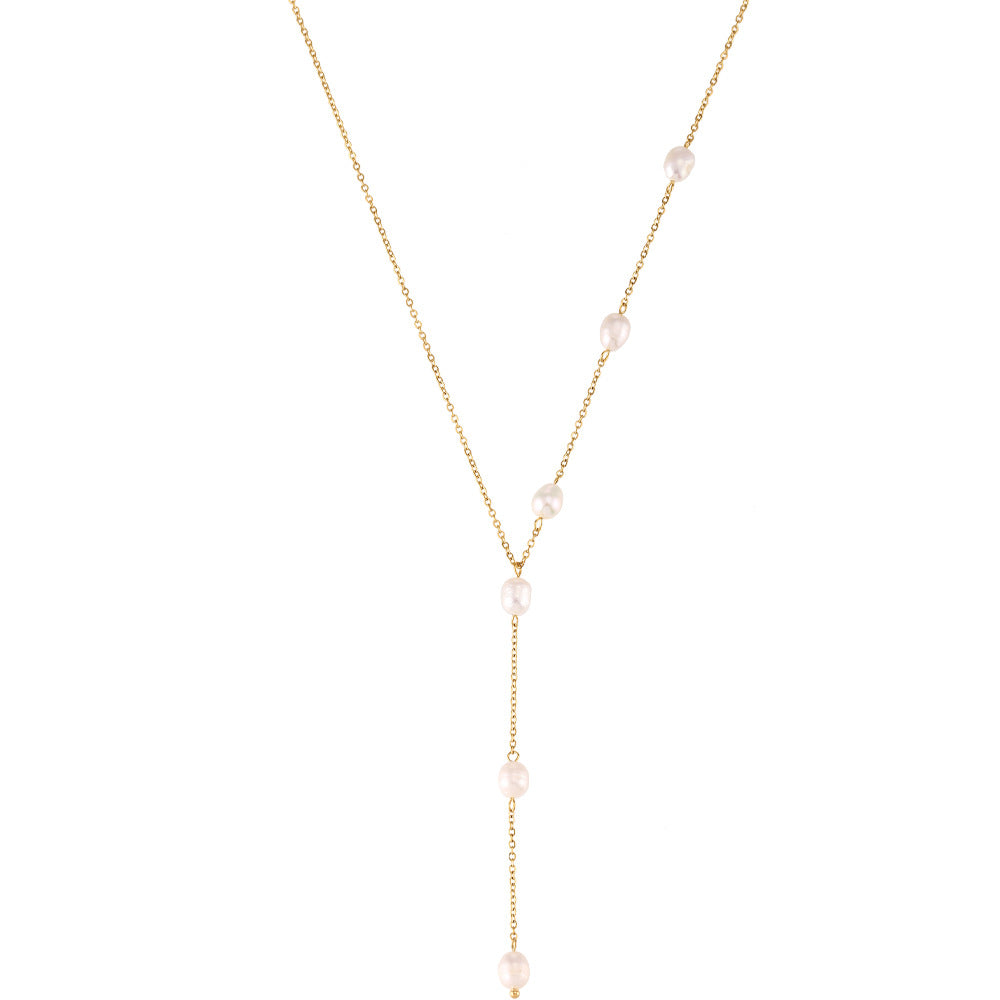 Collana a Y minimalista da donna con catena in acciaio inossidabile e pendente di perla d'acqua dolce