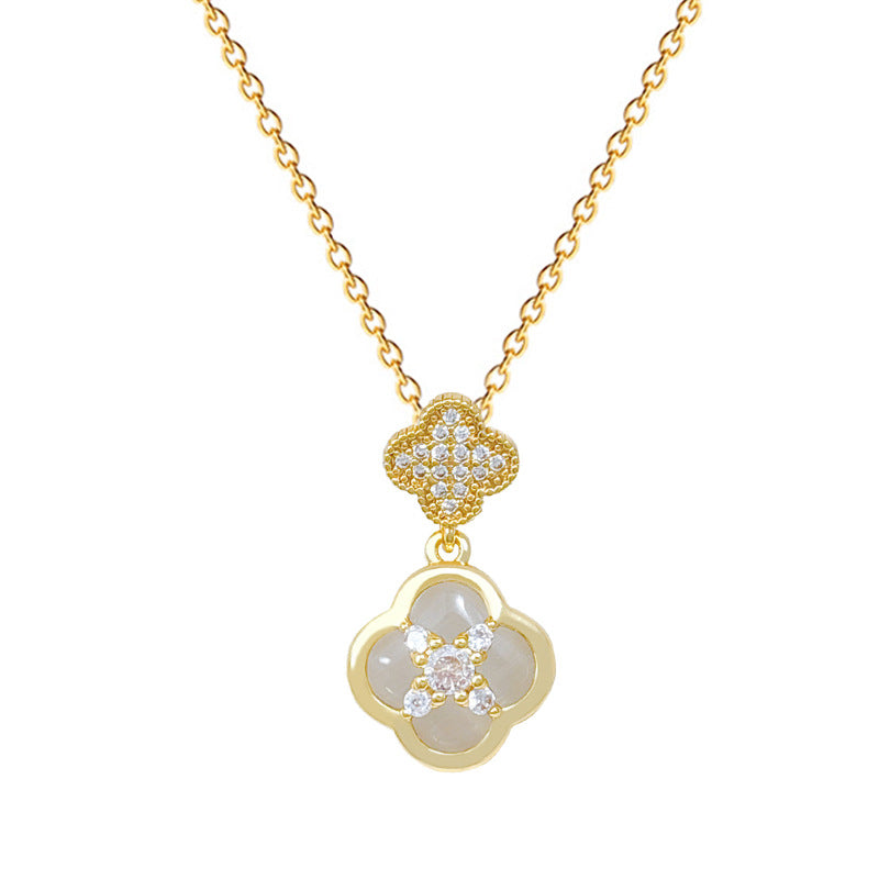 Sweet Elegant Geometric Rhinestone Cat's Eye Clover Pendant Titanium Steel Necklace for Women and Men