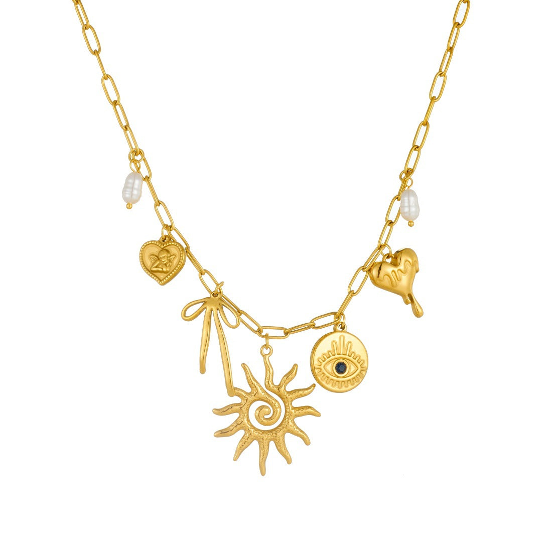 Vintage Gold Plated Stainless Steel Heart and Bow Pearl Pendant Necklace for Women