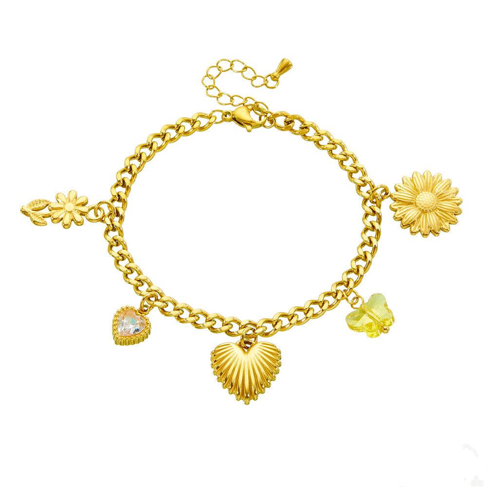 Elegant Gold Plated Stainless Steel Heart and Floral Charm Serpentine Chain Bracelet for Women