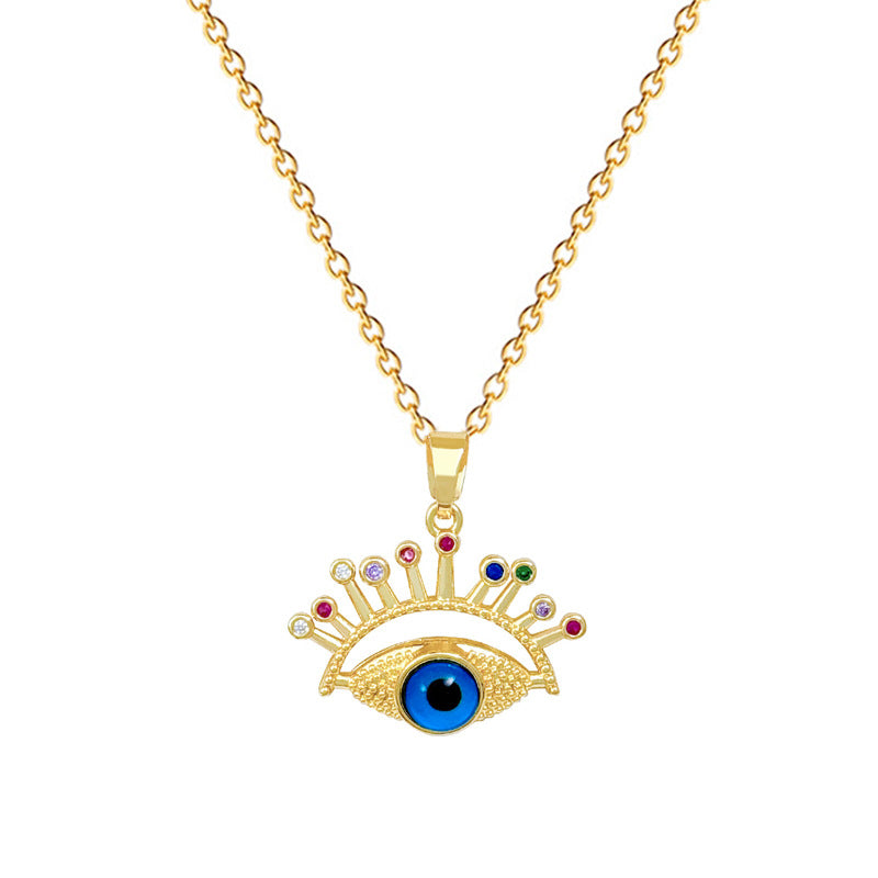 Sweet Elegant Colorful Eye and Eyelash Geometric Rhinestone Pendant Necklace Titanium Steel Cable Chain for Unisex
