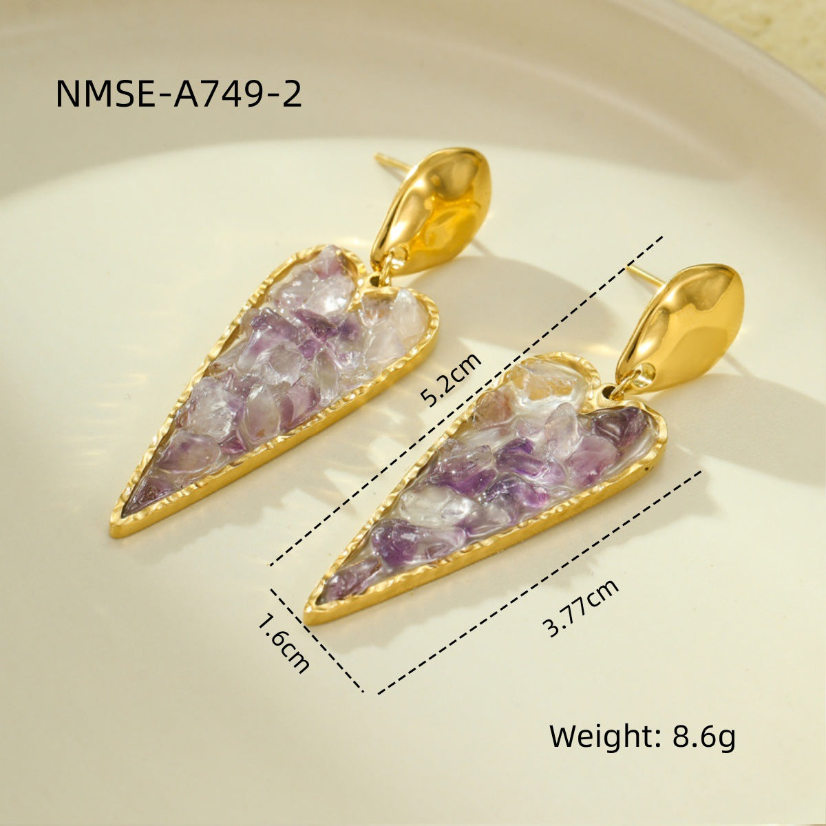 Elegantes pendientes colgantes geométricos de oficina con forma de corazón de acero inoxidable con incrustaciones de piedra natural y acabado chapado