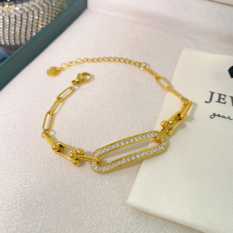 Minimalist Geometric Micro-Inlaid Cubic Zirconia Titanium Steel Paperclip Horseshoe Clasp Chain Bracelet