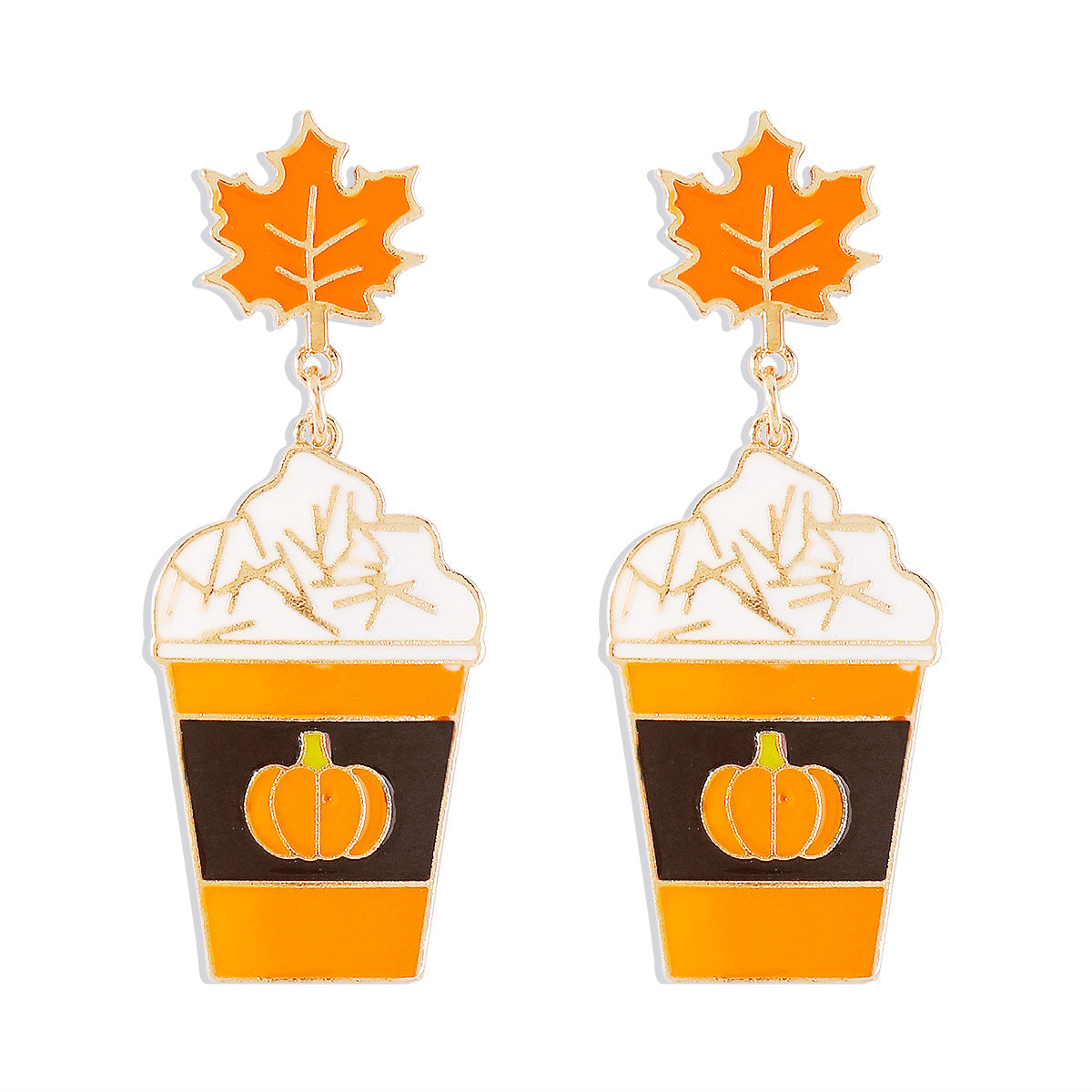 Pendientes de calabaza y hoja de arce geométricos dulces y atrevidos en aleación con acabado esmaltado para mujer