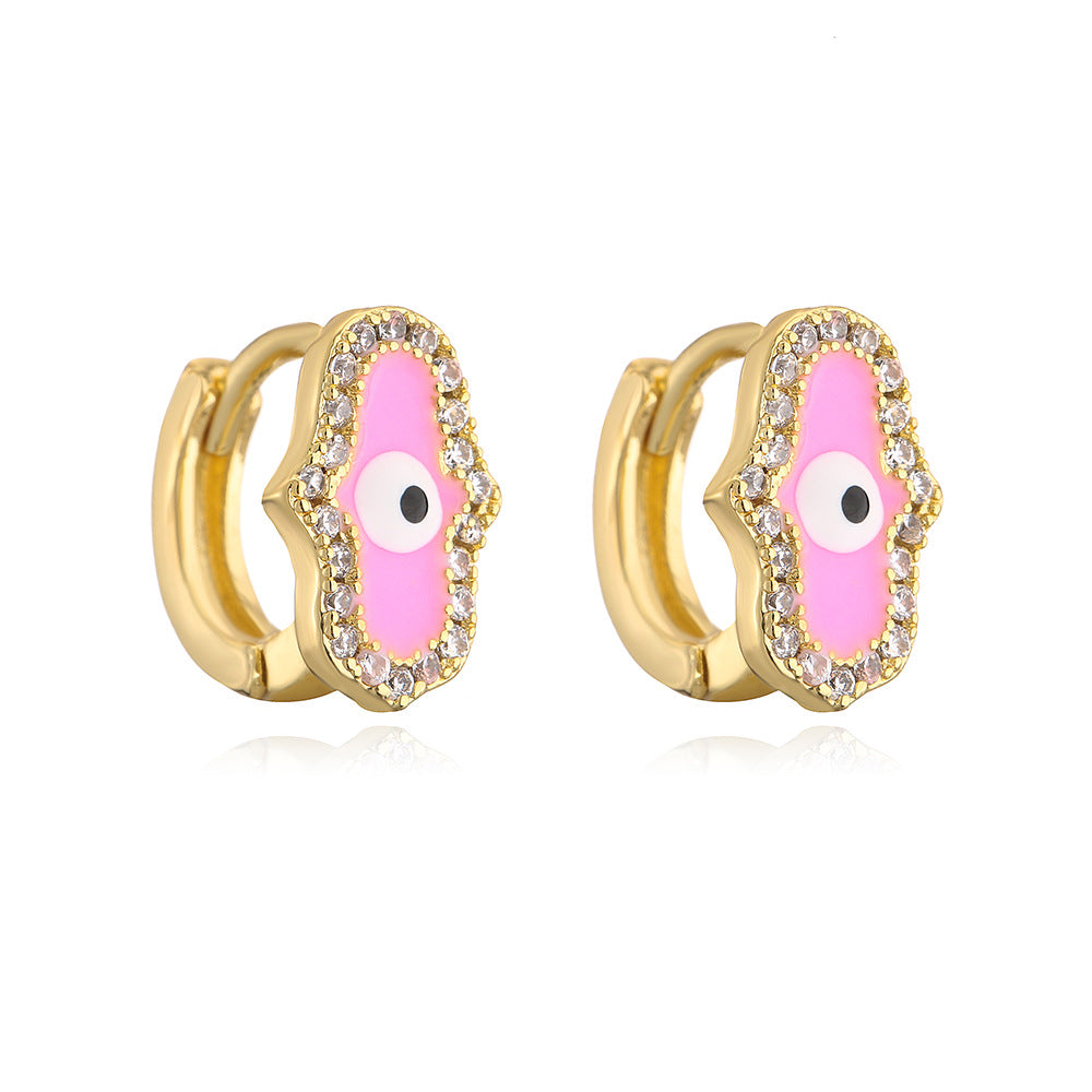 Minimalist Geometric Hand Eye Pendant Mini Earrings for Women with Copper Base Plated in 18K Gold and Enamel-Finished Zirconia Accents