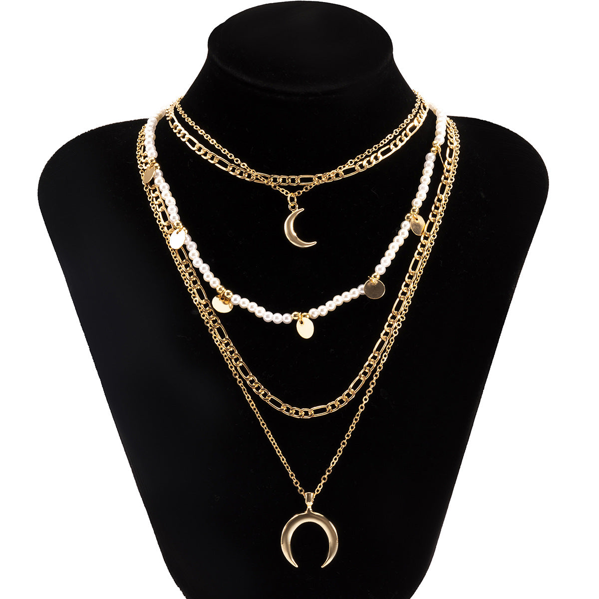 Collana Rustica Chic Multi-Strato con Ciondolo Luna, Perle in Lega, Forma Geometrica, Finitura Galvanizzata e Dettagli Tondi