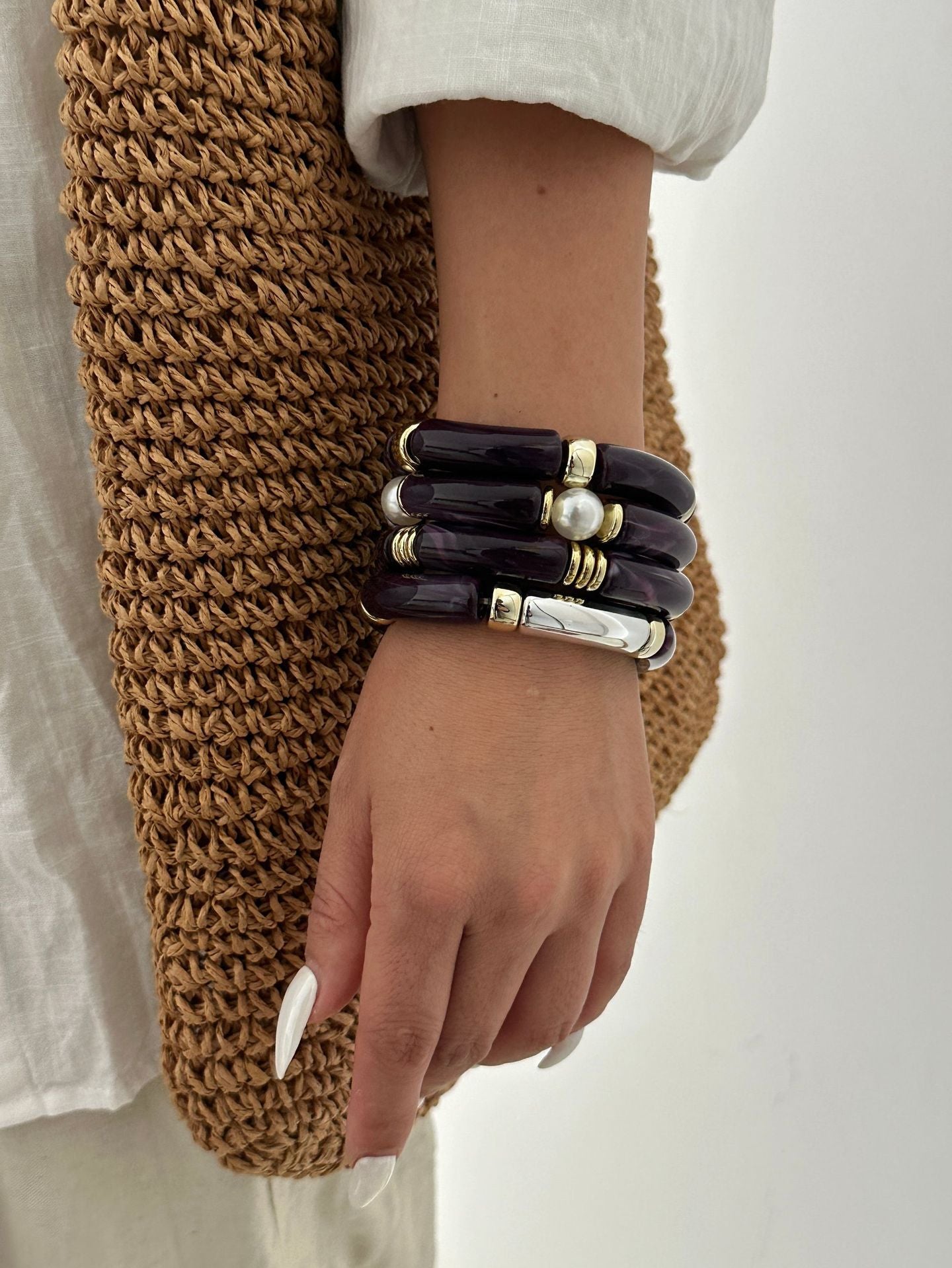 Bracciale Acrilico Vintage con Gradiente Geometrico placcato e Perline con design a Bambù