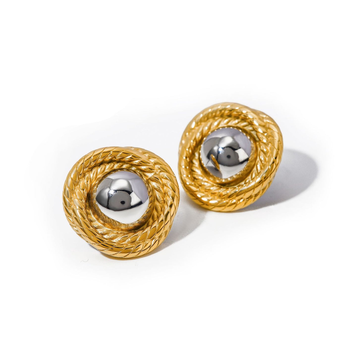Trendy 18K Gold Plated Stainless Steel Round Threaded Texture Two-Tone Stud Earrings for Women