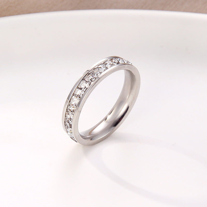 Minimalist Square Titanium Steel Ring with Full Rhinestone Inlay for Women and Men Unisex Fashion Band