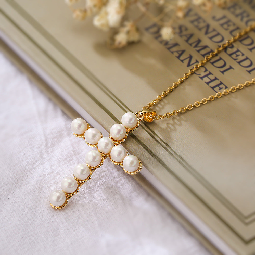 Minimalist Geometric Pendant Necklace for Women with Copper Base Plated in Real Gold and Pearl Inlay