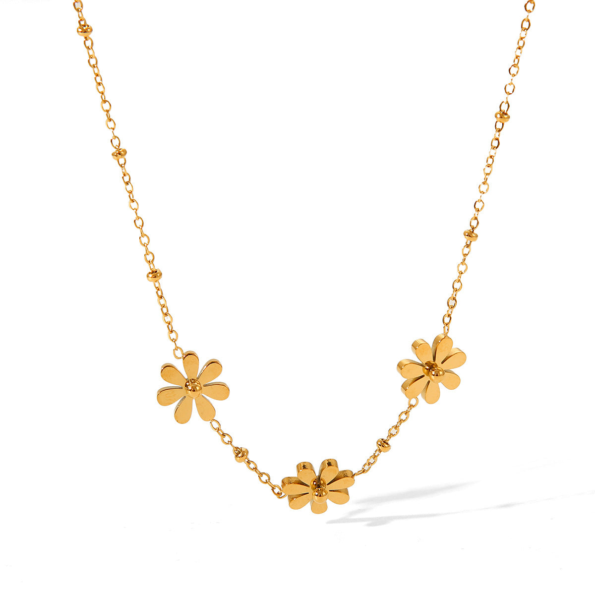 Minimalist Sunflower and Daisy Pendant Necklace for Women in Stainless Steel with Titanium Steel Accents, Electroplated Finish, O-Chain Design