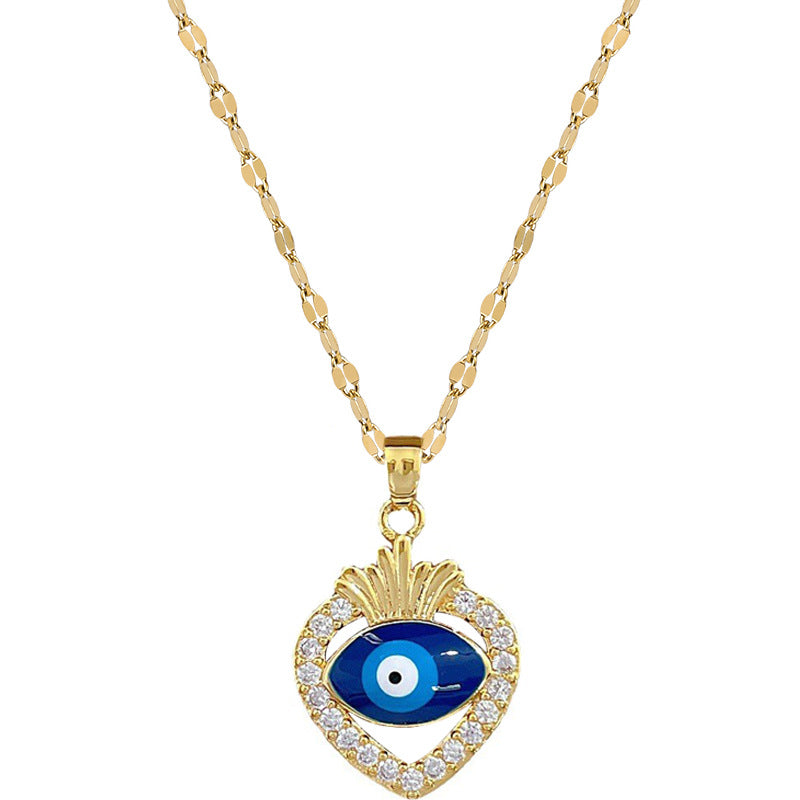 Collana con ciondolo in acciaio al titanio di lusso con motivo geometrico a occhio di Allah e strass, a forma di luna, unisex