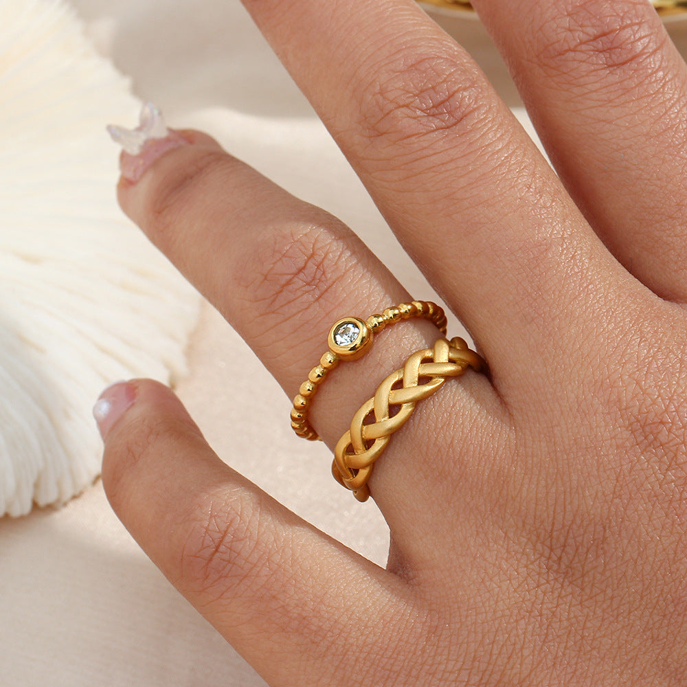Minimalist Geometric Stainless Steel Ring with 18K Gold Plating and Cubic Zirconia Bead Accent