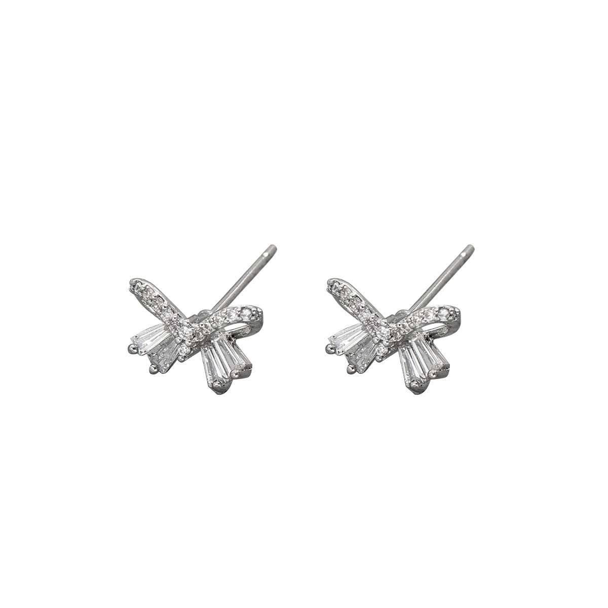 Minimalist Bow-Shaped Earrings with Zircon Inlay in Copper Base and Stainless Steel Posts for Women
