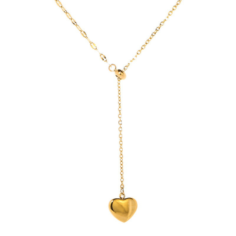 Minimalist Elegant Gold-Tone Titanium Steel Heart Pendant Necklace for Women Adjustable Clavicle Chain