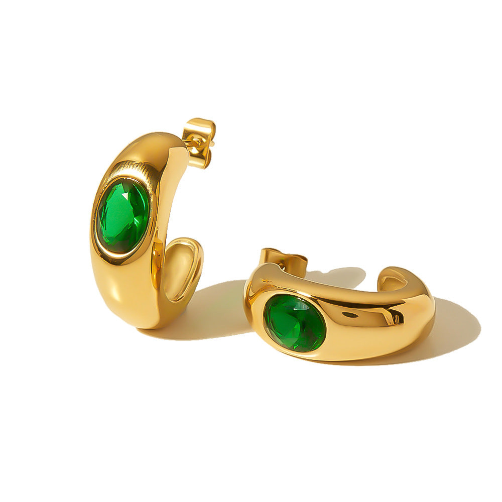 Orecchini da donna geometrici minimalisti a forma di C in acciaio inossidabile con placcatura in oro 18 carati e intarsio rotondo in zircone verde