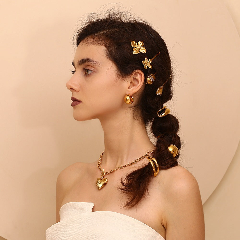 Fermaglio per Capelli Minimalista Creativo a Forma di Guscio d'Uovo per Donne in Acciaio Inossidabile con Placcatura in Oro 18K e Intarsi in Strass