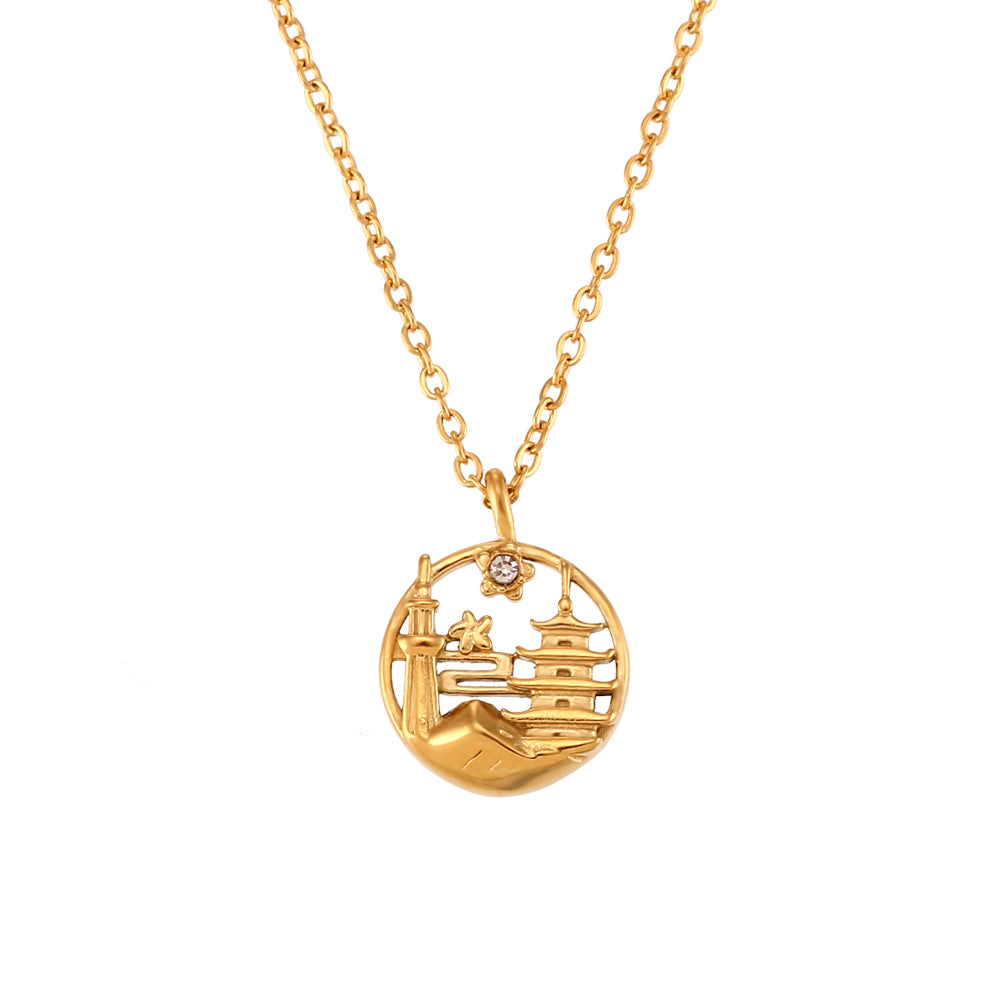 Collana con ciondolo geometrico rotondo minimalista da donna in acciaio inossidabile con finitura placcata