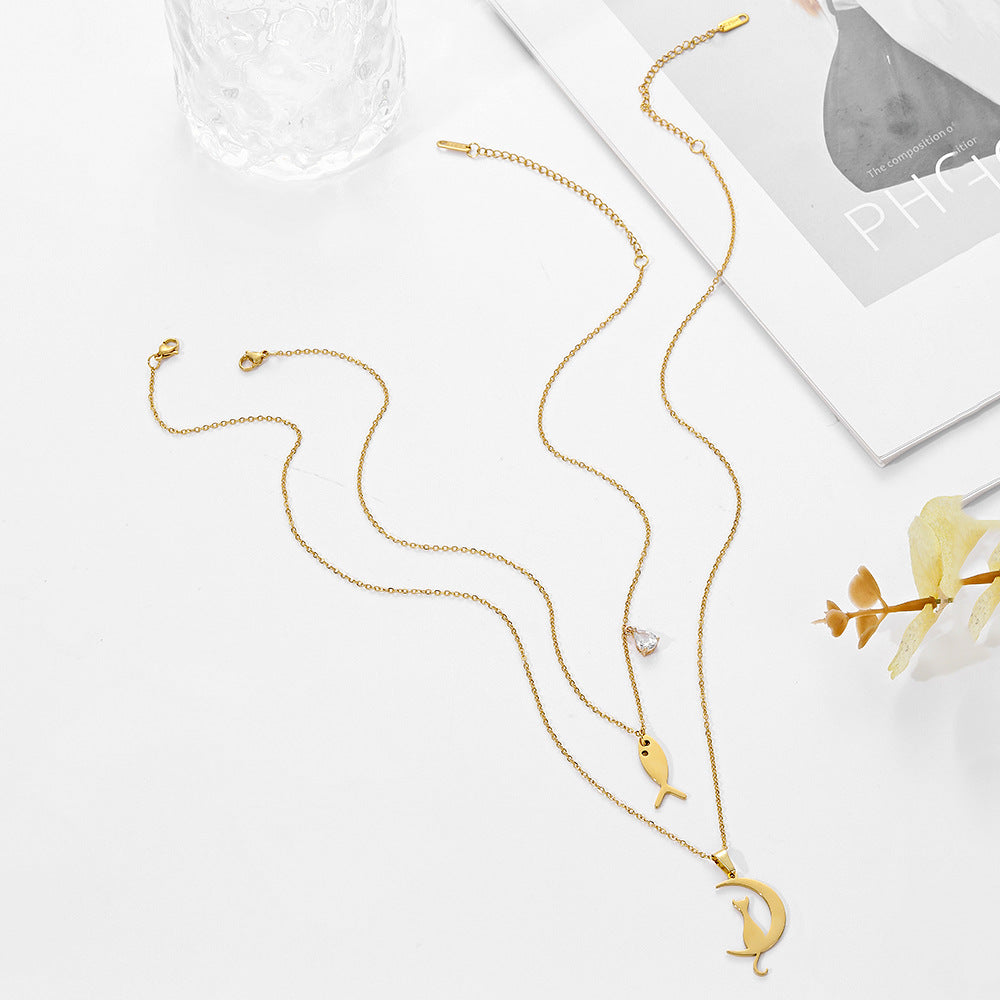 Vintage Gold Plated Moon and Cat Animal Shape Alloy Pendant Stainless Steel Cable Chain Necklace
