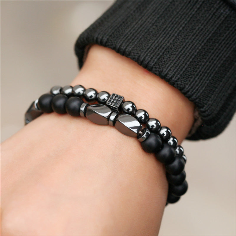 Men's Faceted Hematite and Alloy Beaded Bracelet Set with Geometric Cross Charms