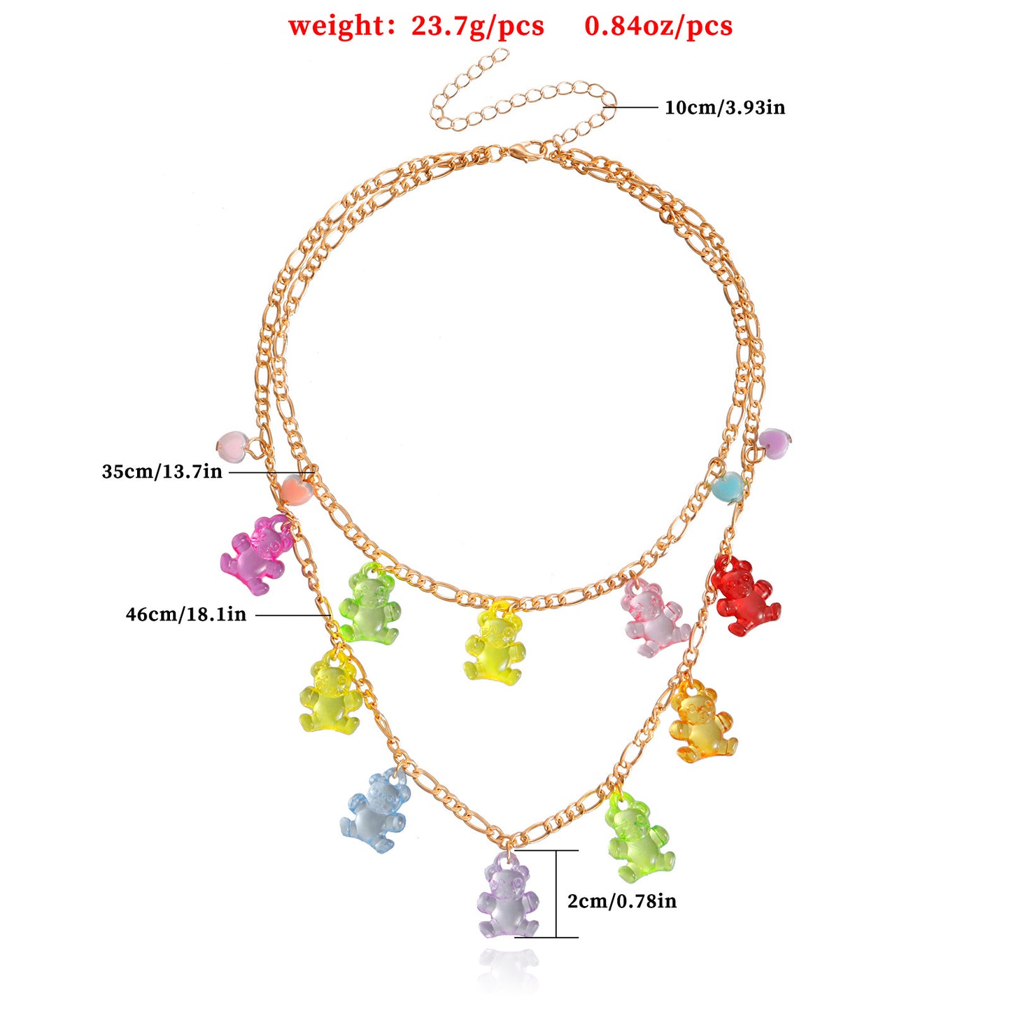 Cute Minimalist Double-Layer Bear and Heart Pendant Necklace for Women with Electroplated Metal Chain and Geometric Design