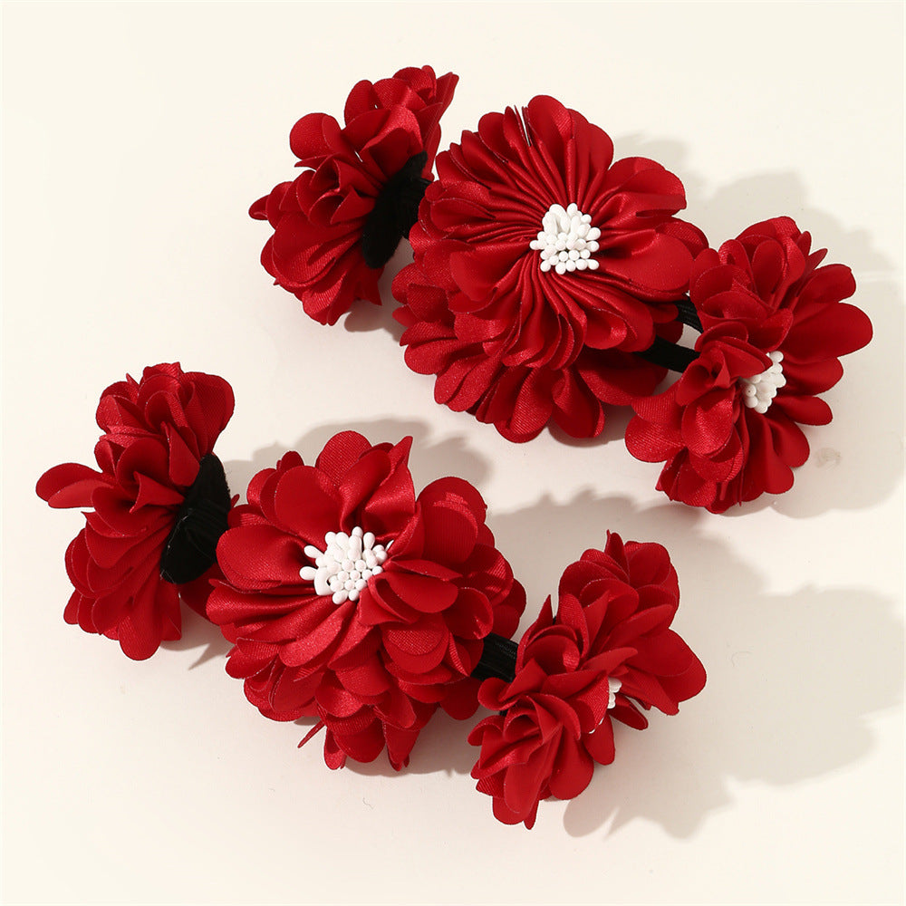 Elegant Floral Hair Ties Set for Kids - Solid Color Fabric Hair Bands with Flower Embellishment in Princess Style