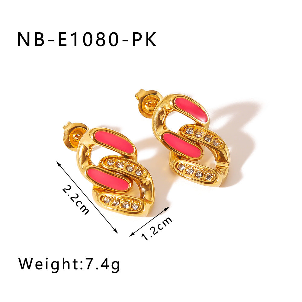 Vintage French Style Geometric Stainless Steel Earrings with 18K Gold Plating Enamel Finish and Zircon Inlay
