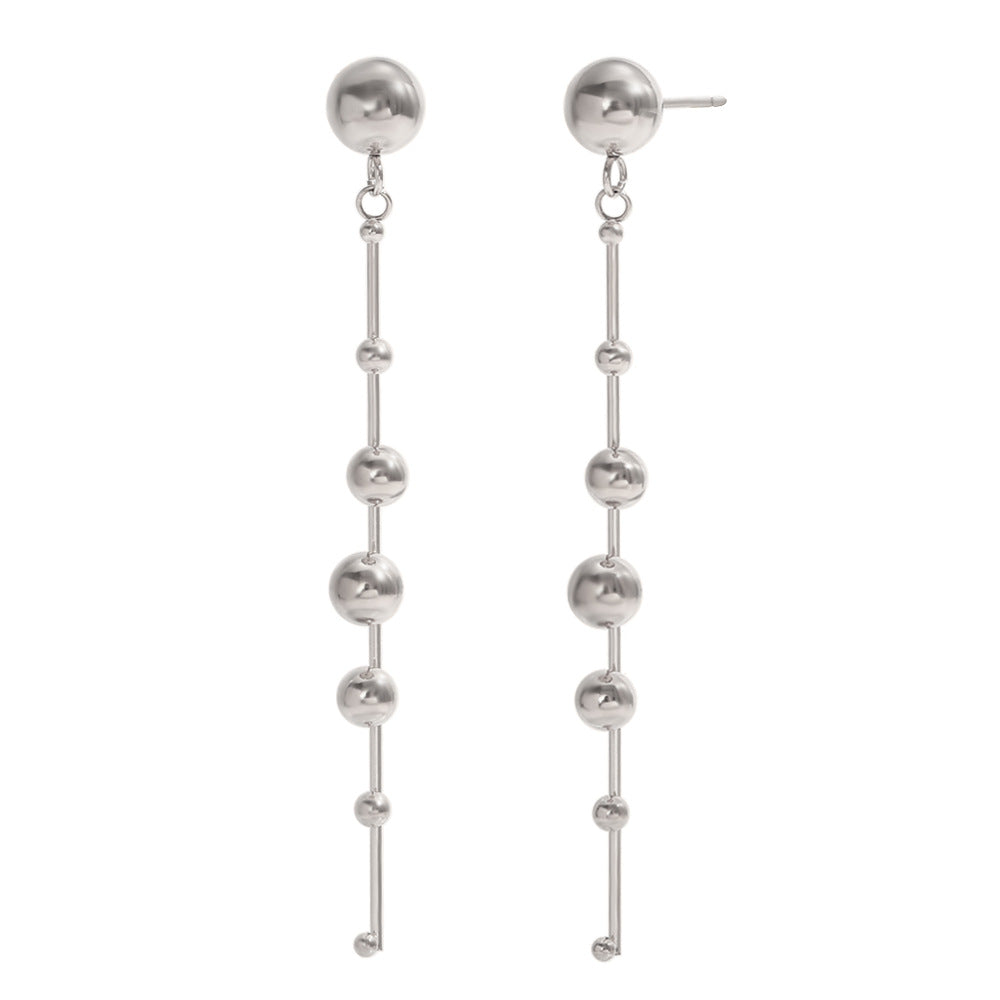 Fashionable Geometric Stainless Steel Earrings with 18K Gold Plating, Beaded Tassel Studs for Women