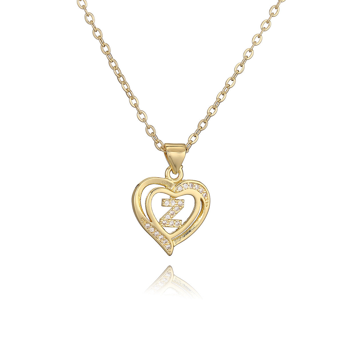 Collana con Pendente Minimalista in Rame, Placcatura in Oro 18K e Dettagli in Zircone a Forma di Cuore e Lettera per Donne