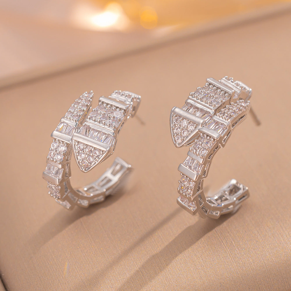 Luxury Minimalist Snake-Shaped Zircon Earrings for Women with Gold-Plated Copper Base and Elegant French Design