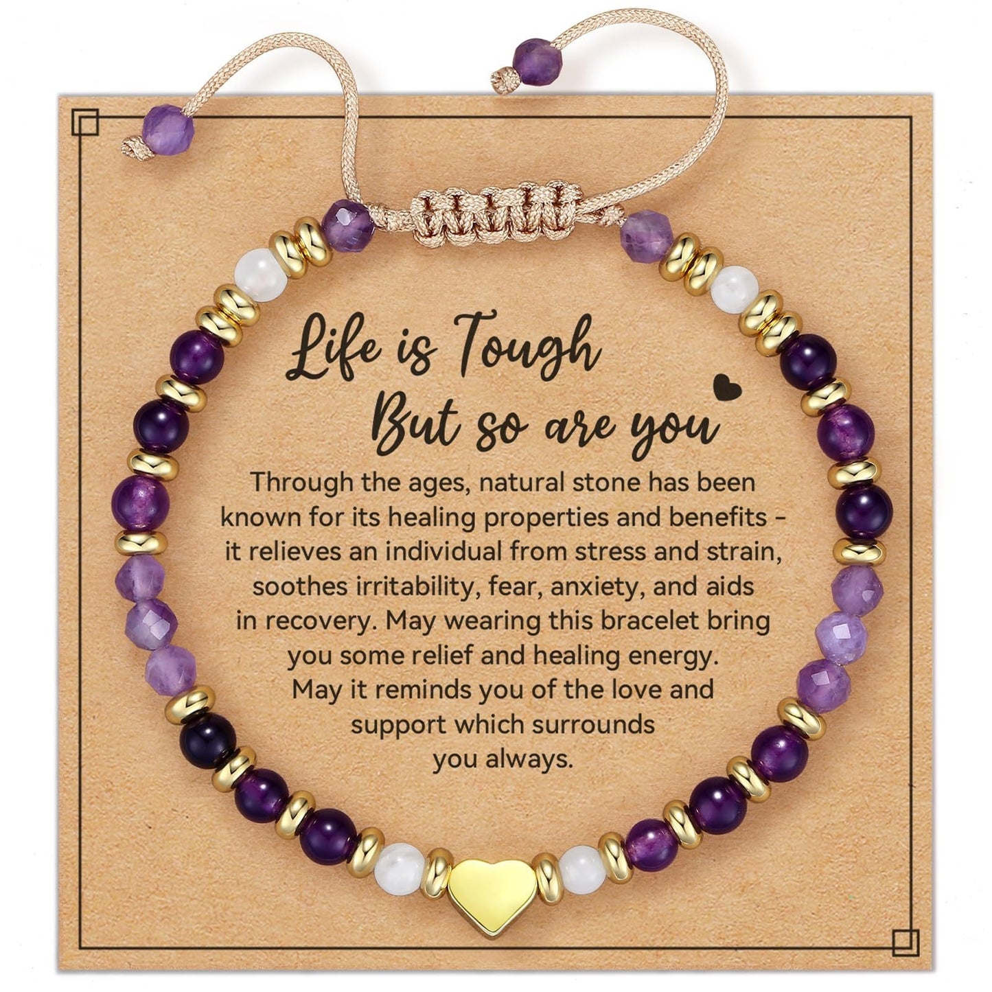 Minimalist Heart Picture Stone and Amethyst Beaded Bracelet for Women
