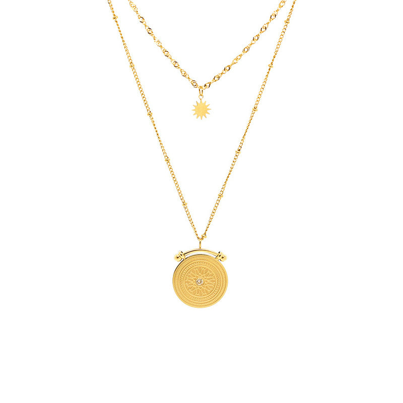 Minimalist Luxury Compass Pendant Necklace for Women with Stainless Steel Chain and 18K Gold Plating Double-Layer Geometric Design