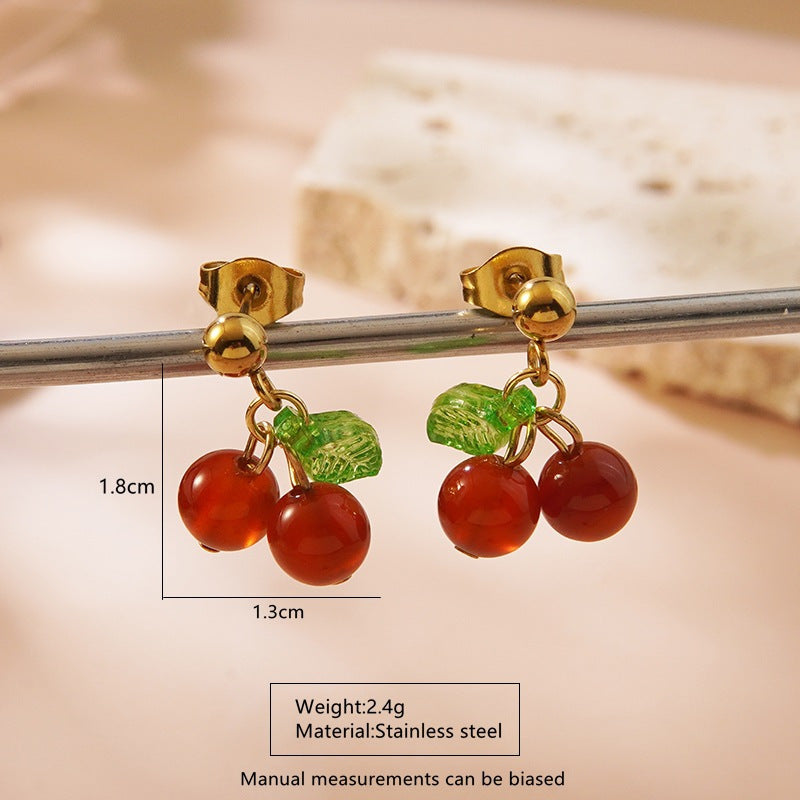 Minimalist Elegant Cherry Fruit Pattern Stainless Steel Plated Necklace and Earring Set for Women