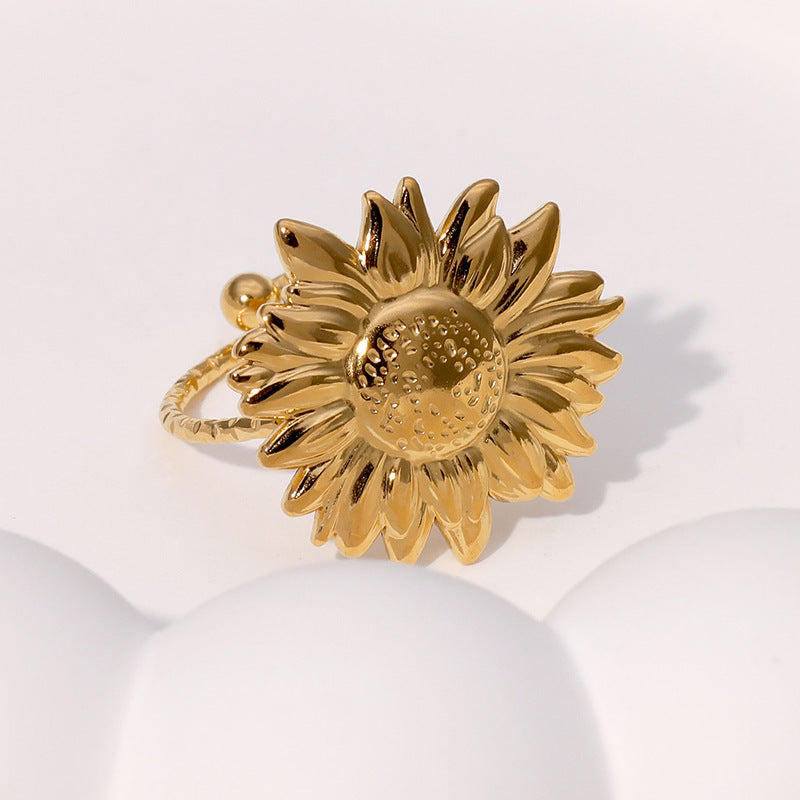 Minimalist Sunflower Floral Adjustable Stainless Steel Ring with Gold Plating for Women